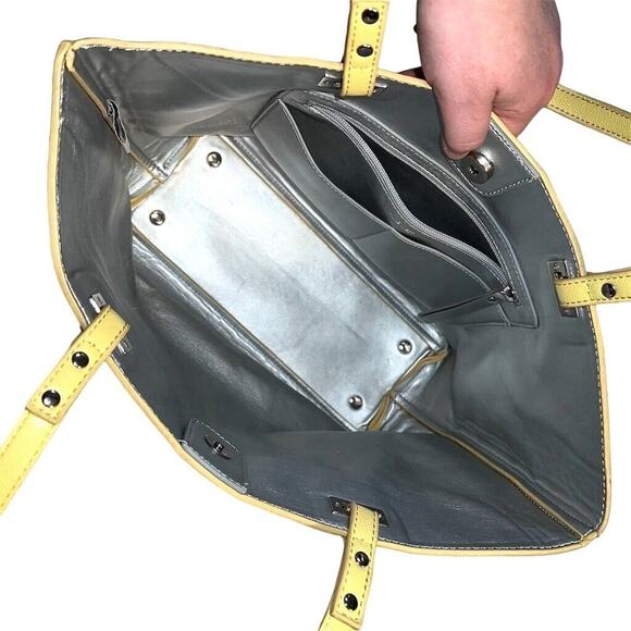 Nine West Ava Faux Leather Tote Bag Purse Floral Laser Cut Design Yellow Silver - Picture 9 of 14